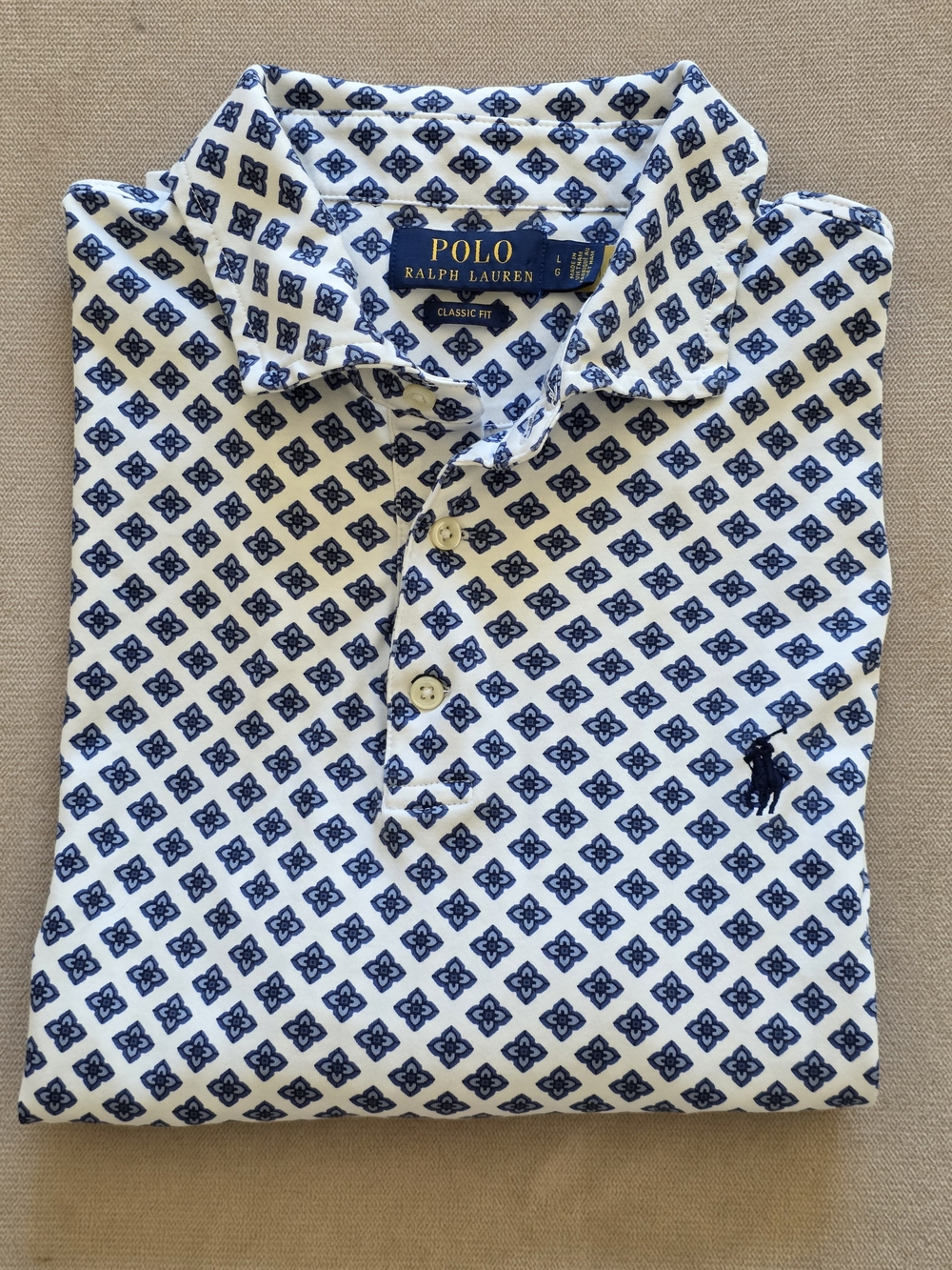 Polo Ralph Lauren Men Large Geometric Foulard Polo Shirt Blue Golf Preppy Work